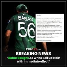 Babar Azam resigns from White Ball Captaincy via Instagram post.
